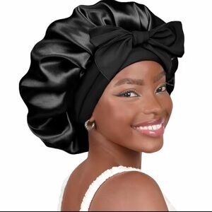 Black Satin Hair Bonnet with Bow